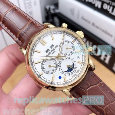 High Quality Replica Patek Philippe Grand Complications White Dial Brown Leather Strap Watch